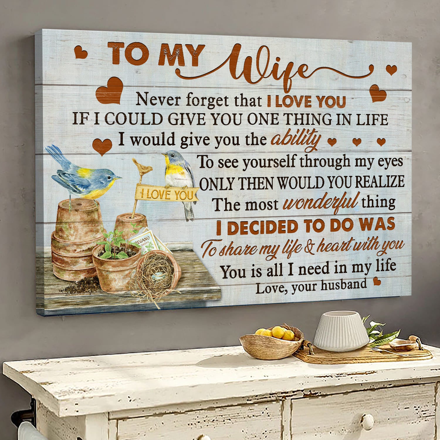 To my wife Bird couple, Clay pots, Never forget that I love you - Couple Landscape Canvas Prints, Wall Art