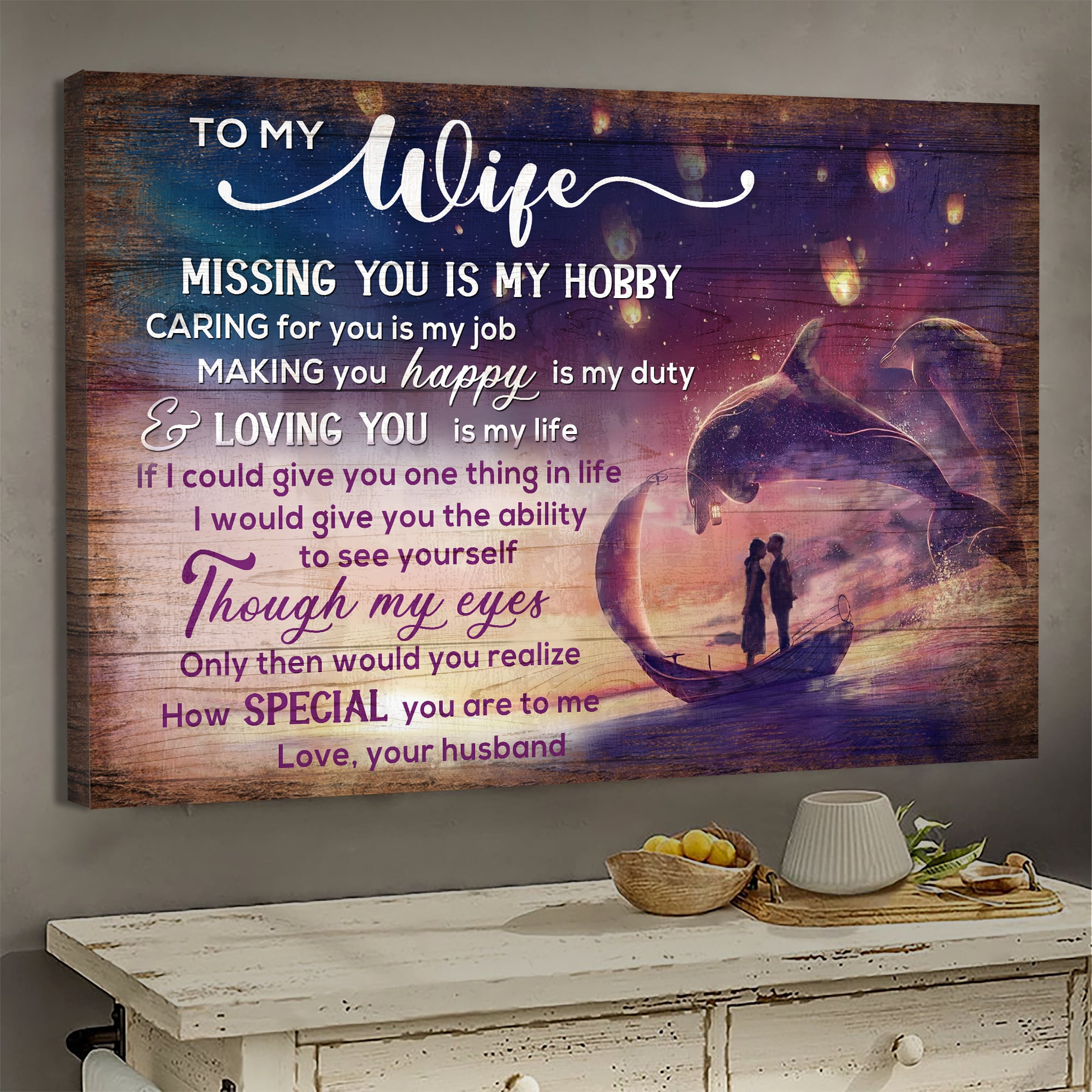 To my wife, Dolphin, Lantern, Couple standing on boat, Missing you is my hobby - Couple Landscape Canvas Prints, Wall Art