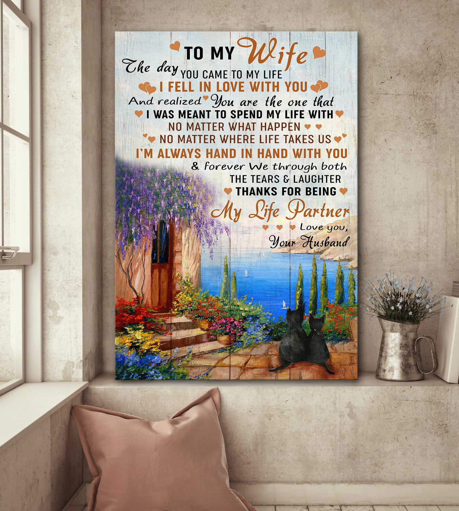 To my wife, Black cat couple, Peaceful life, I'm always hand in hand with you - Couple Portrait Canvas Prints, Wall Art