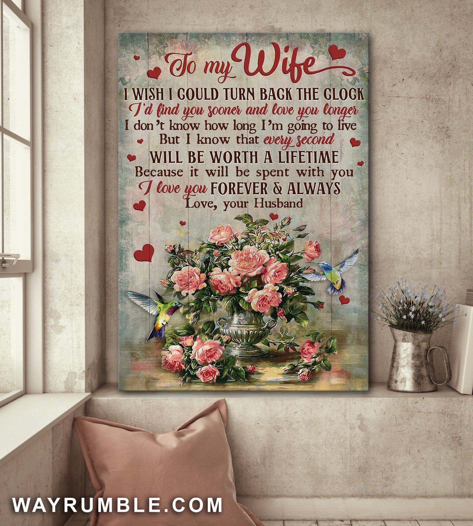 To my wife, Vintage Rose flower vase, Hummingbird, I love you forever and always - Couple Portrait Canvas Prints, Wall Art