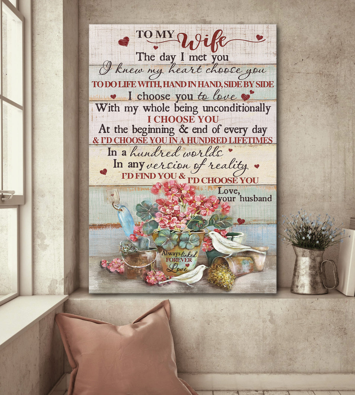 To my wife, Flower pot, I choose you - Couple Portrait Canvas Prints, Wall Art