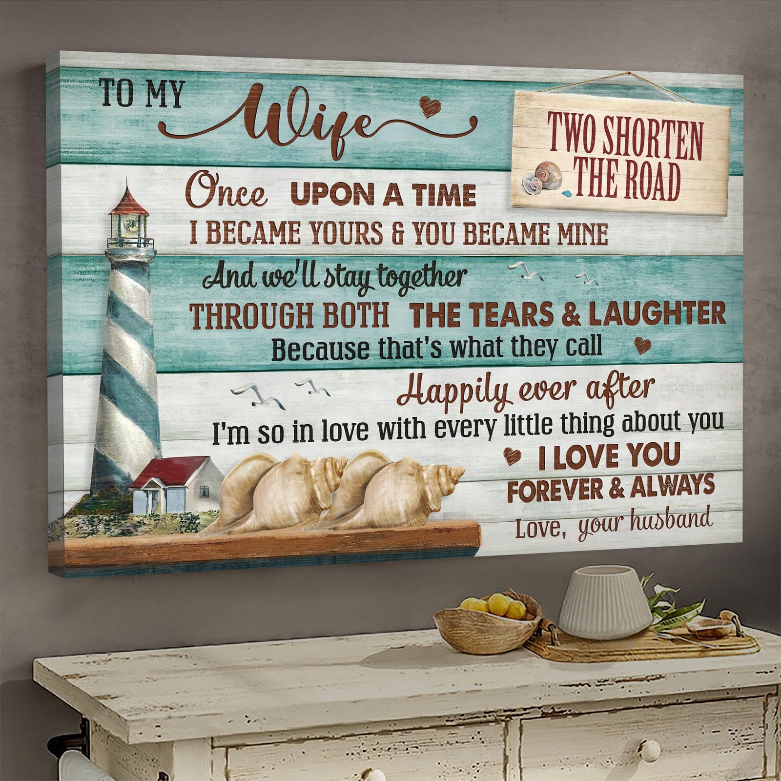 To my wife, Lighthouse, Seashells, I love you forever and always - Couple Landscape Canvas Prints, Wall Art