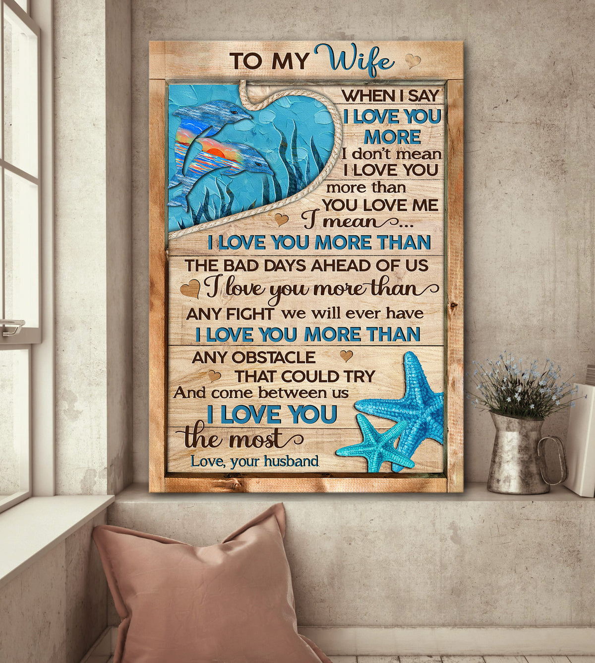 To my wife, Dolphin couple, Starfish, Ocean view, I love you the most - Couple Portrait Canvas Prints, Wall Art