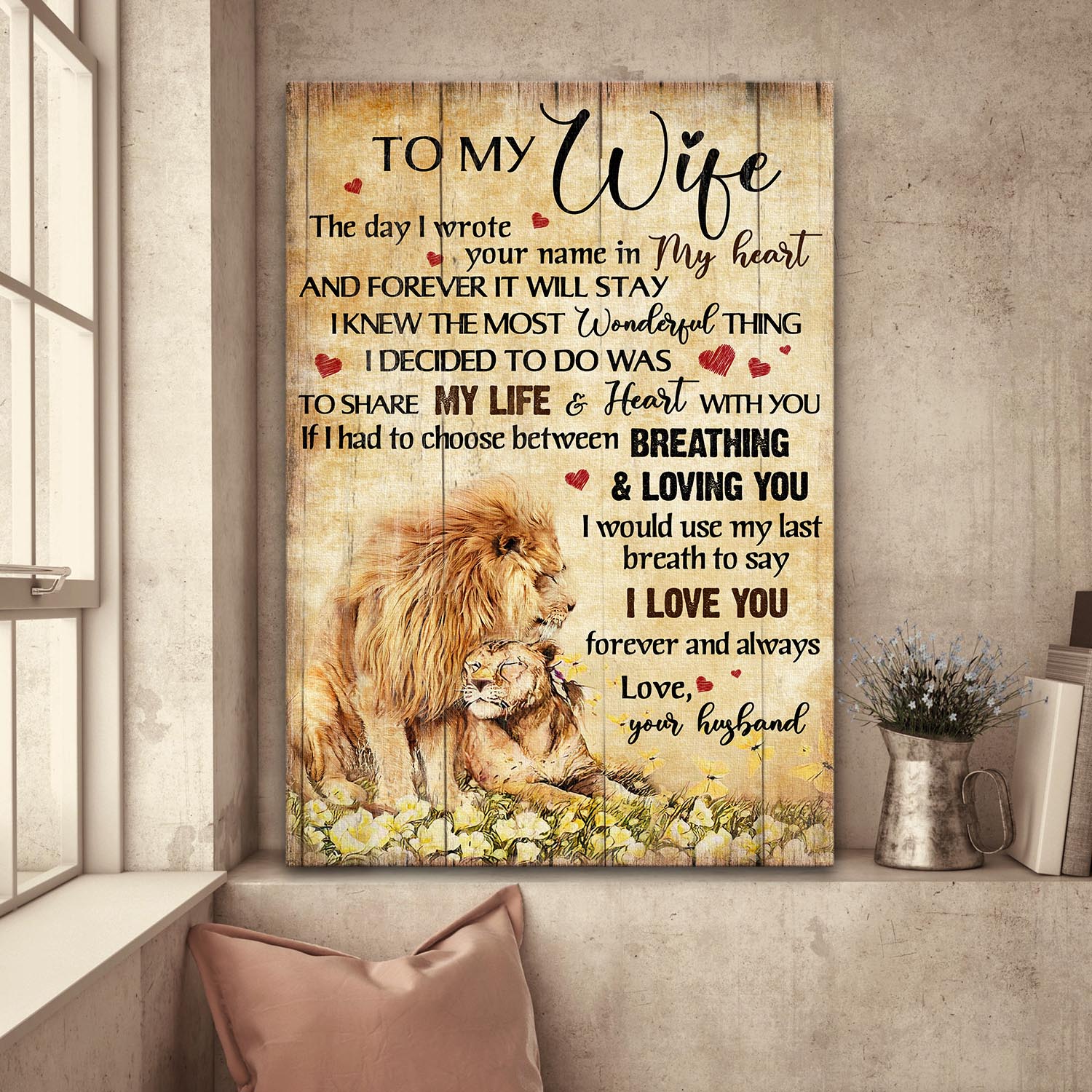 To my wife, Lion couple, Flower field, I love you forever and always  - Couple Portrait Canvas Prints, Wall Art