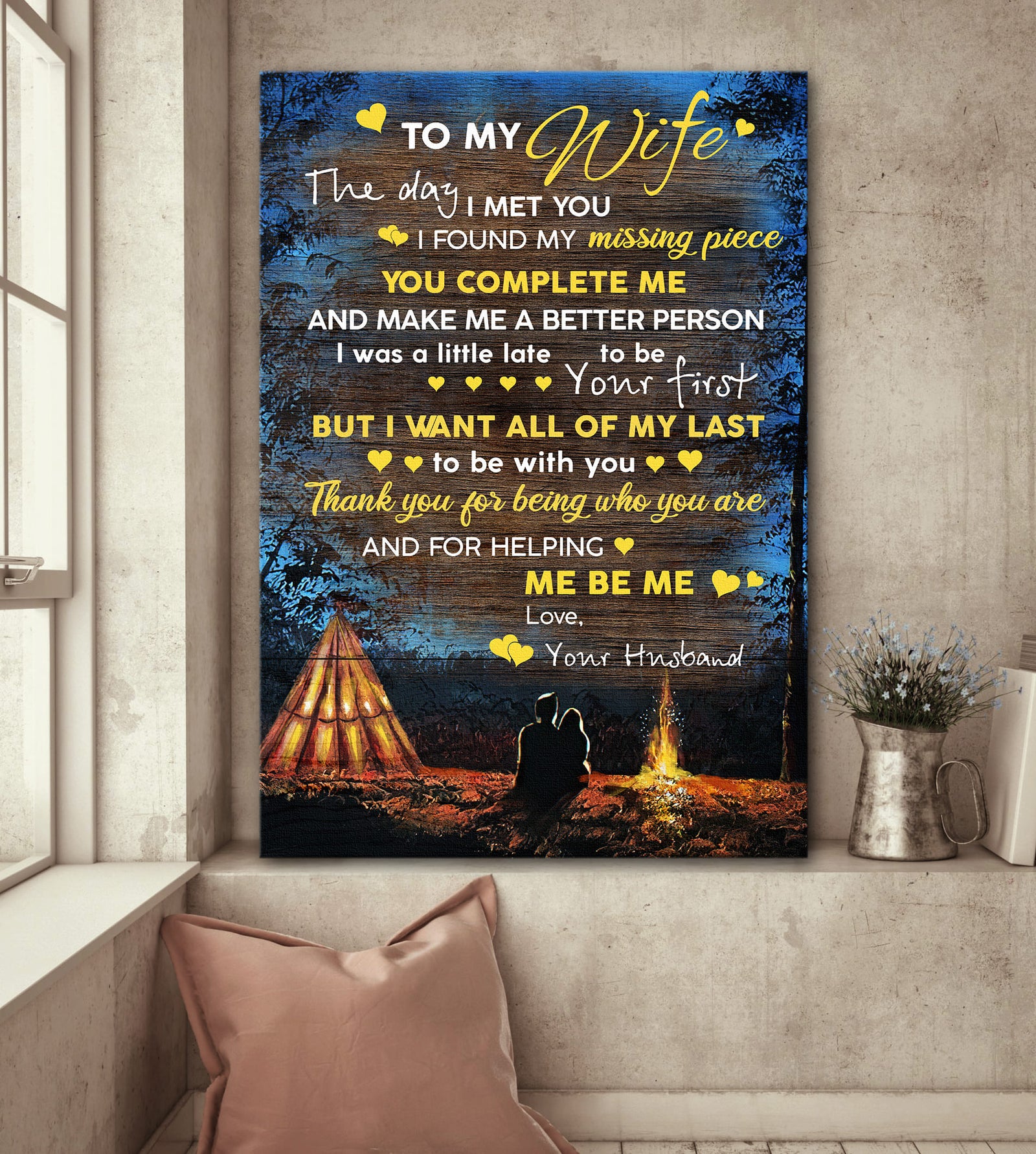 To my wife, Campfire, Happy Couple, The day I met you, I found my missing piece - Couple Portrait Canvas Prints, Wall Art