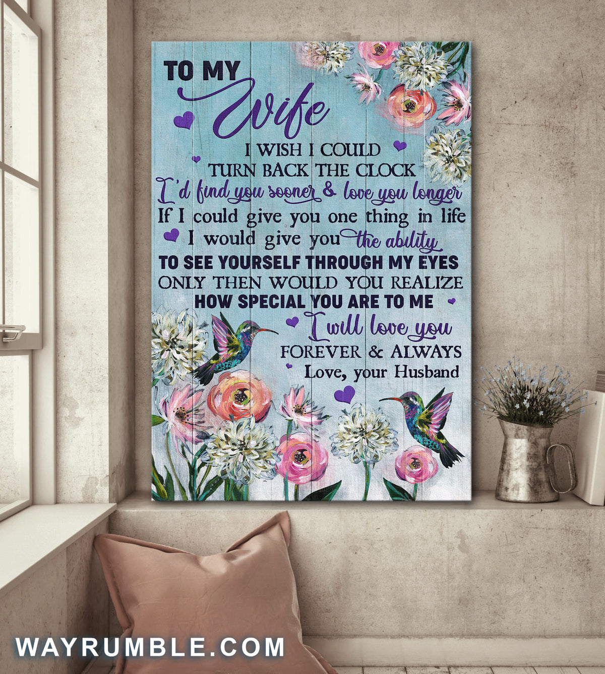 To my wife, Hummingbird, Flower, I will love you forever and always - Couple Portrait Canvas Prints, Wall Art