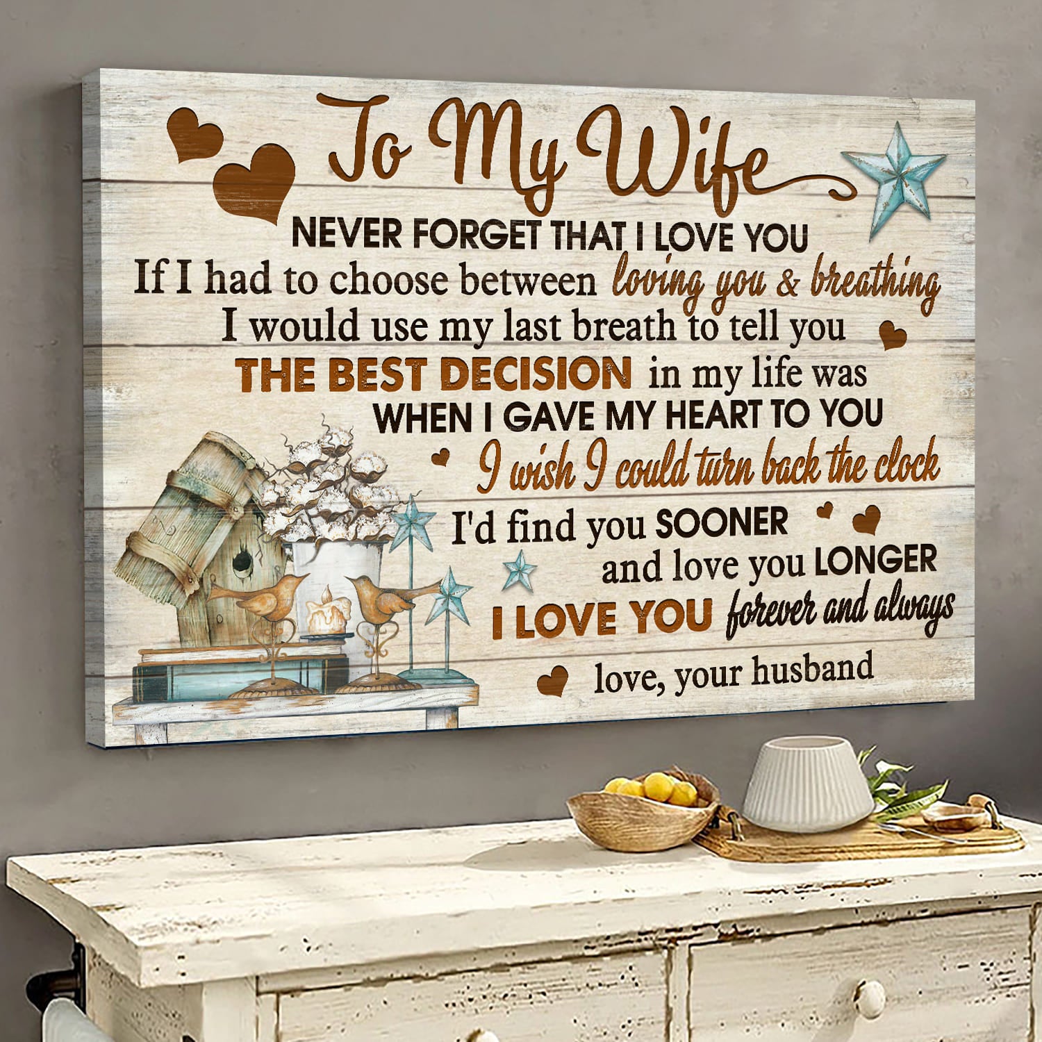 To my wife, Bird nest, Cotton flower vase, Wooden bird, Never forget that I love you - Couple Landscape Canvas Prints, Wall Art
