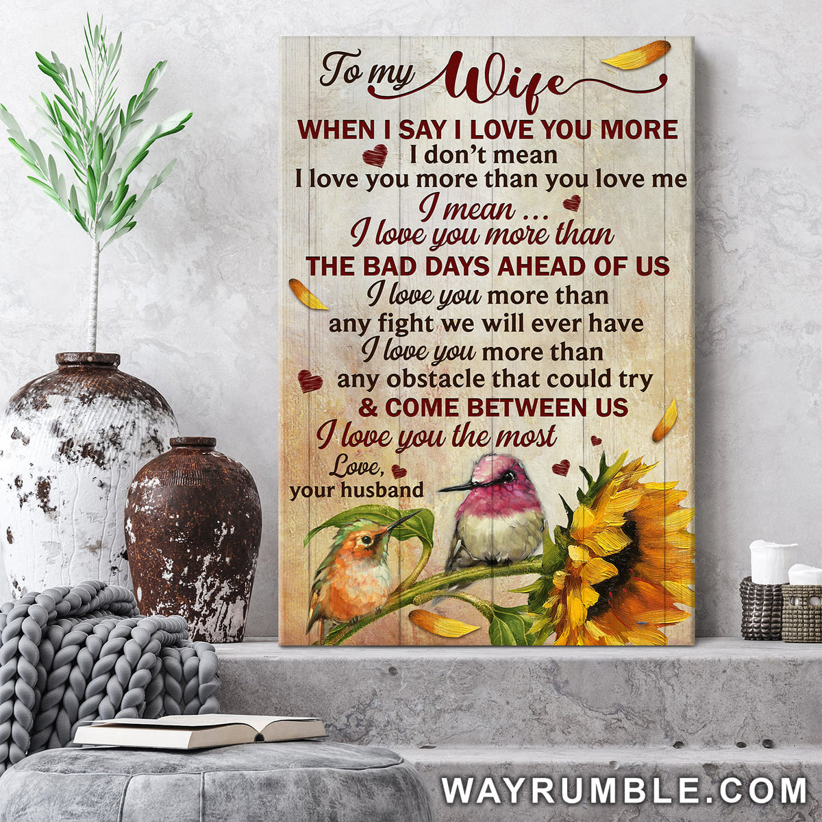 To my wife, Hummingbird couple, Sunflower, I love you the most - Couple Portrait Canvas Prints, Wall Art