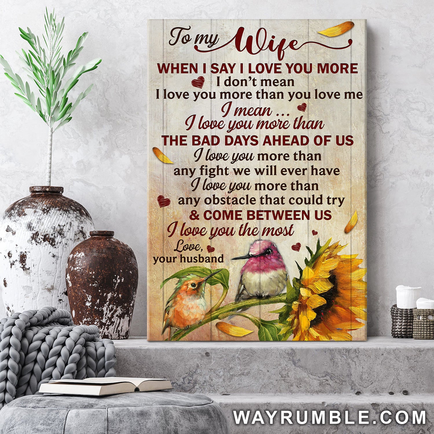 To my wife, Hummingbird couple, Sunflower, I love you the most - Couple Portrait Canvas Prints, Wall Art