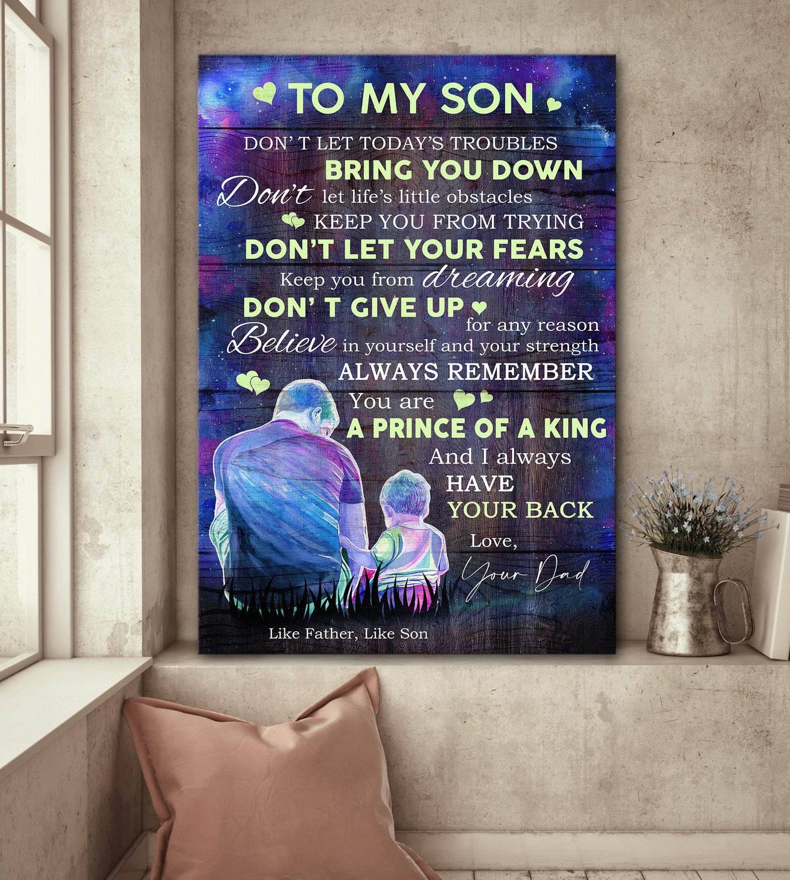 Dad to son, Father and son, Sitting on the grass, Beautiful night, Don't let today's trouble bring you down - Family Portrait Canvas Prints, Wall Art