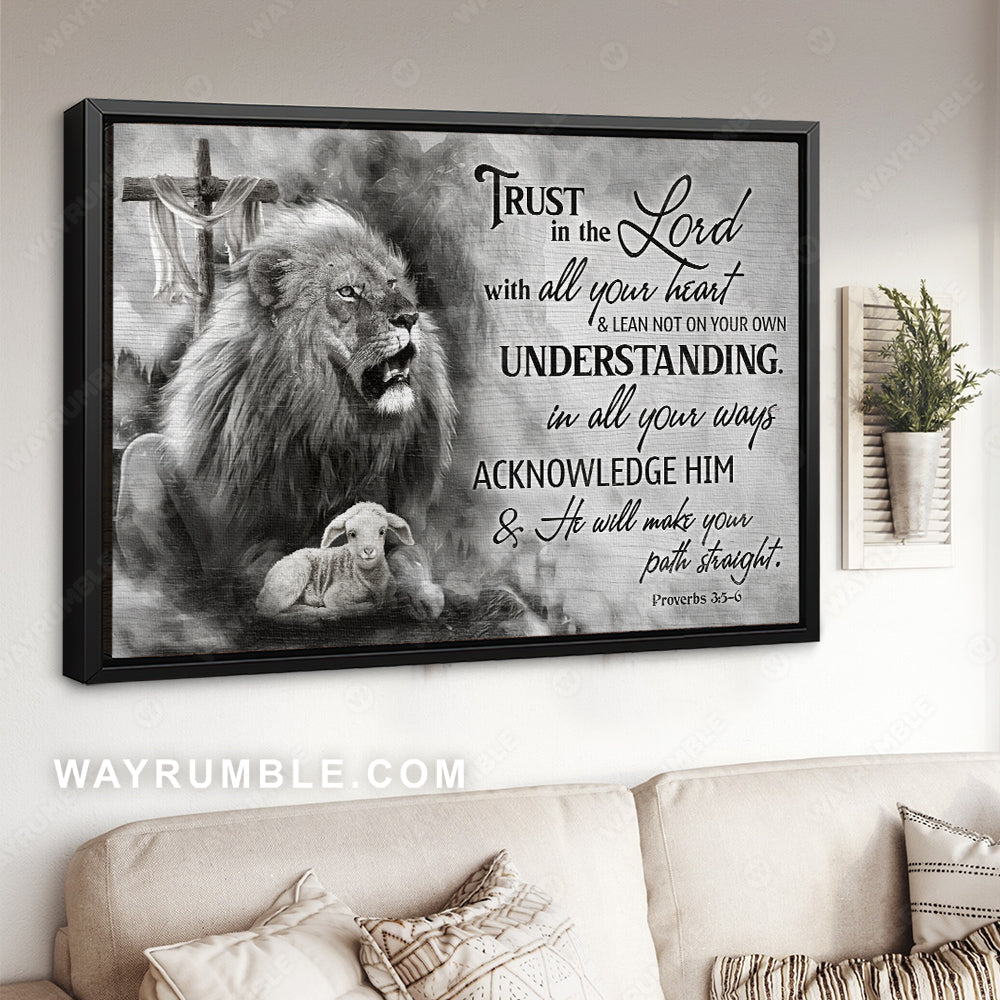 Lion of Judah, Lamb of God, Wooden cross, Trust in Lord with all your heart - Jesus Landscape Canvas Prints, Christian Wall Art