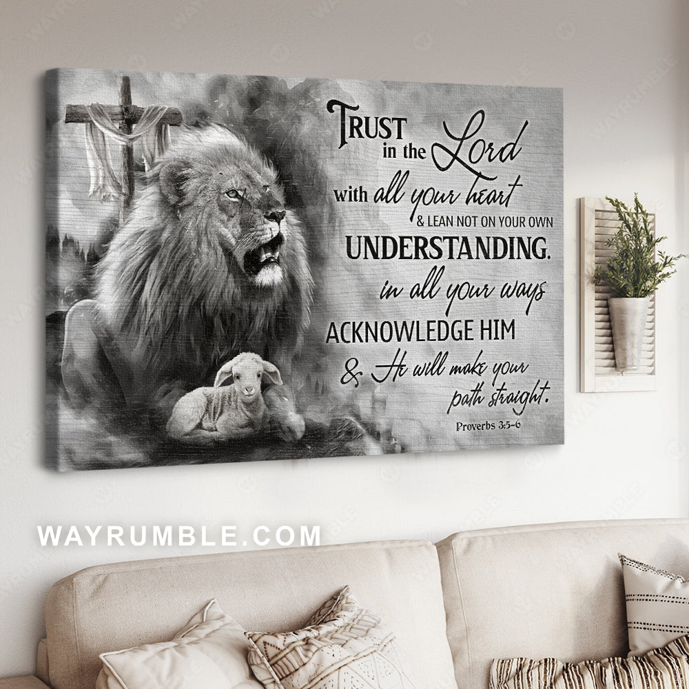 Lion of Judah, Lamb of God, Wooden cross, Trust in Lord with all your heart - Jesus Landscape Canvas Prints, Christian Wall Art