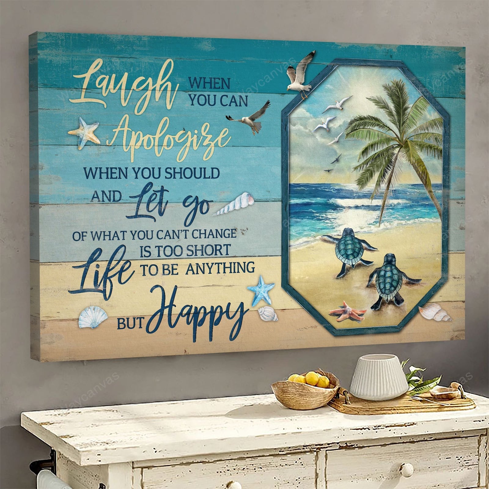 Sea turtle, Sand beach painting, Life is too short to be anything but happy - Turtle Landscape Canvas Prints, Wall Art
