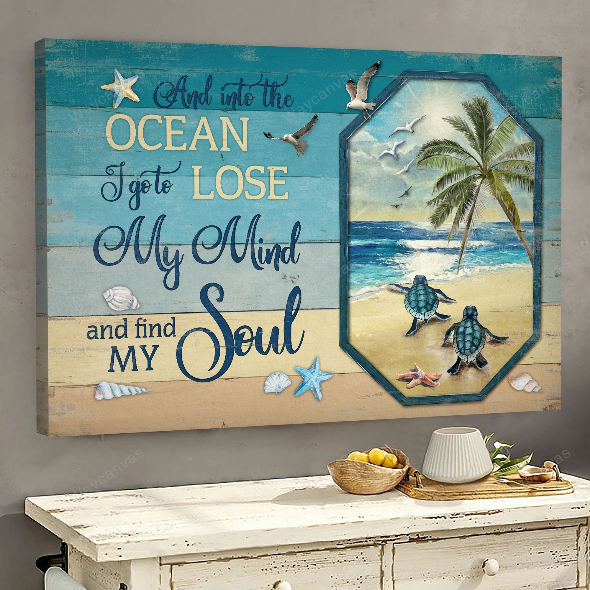 Turtle, Ocean - And into the ocean I go to lose my mind and find my soul Jesus Landscape Canvas Prints, Wall Art