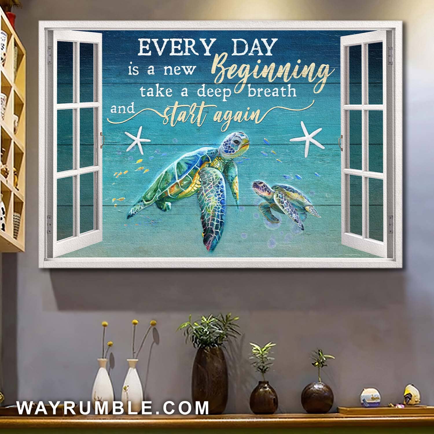 Turtle Couple, Ocean view, Everyday is a new beginning - Jesus, Window Frame Landscape Canvas Prints, Wall Art