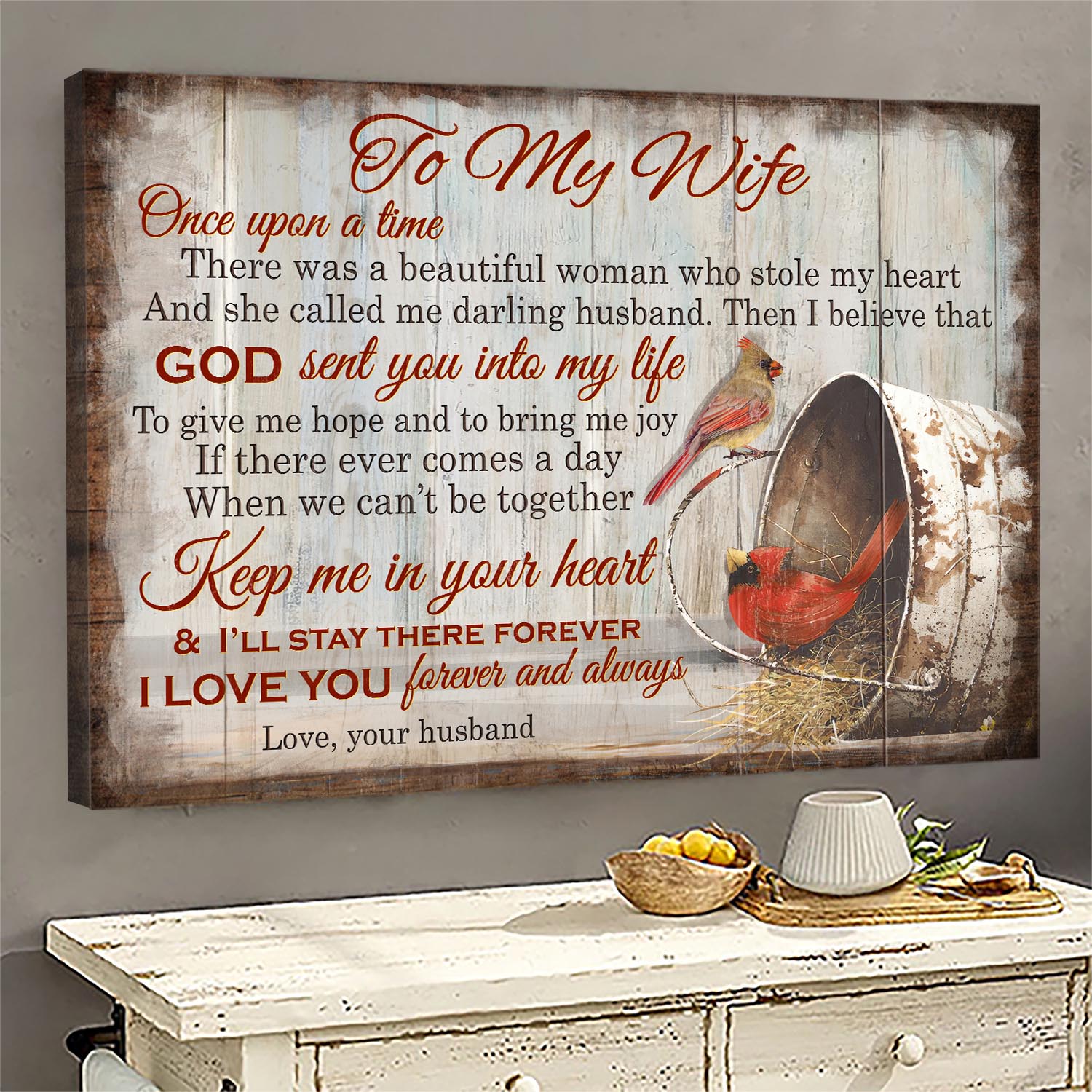 To my wife, Bucket, Cardinal Couple, Keep me in your heart & I'll stay there forever - Couple Landscape Canvas Prints, Wall Art