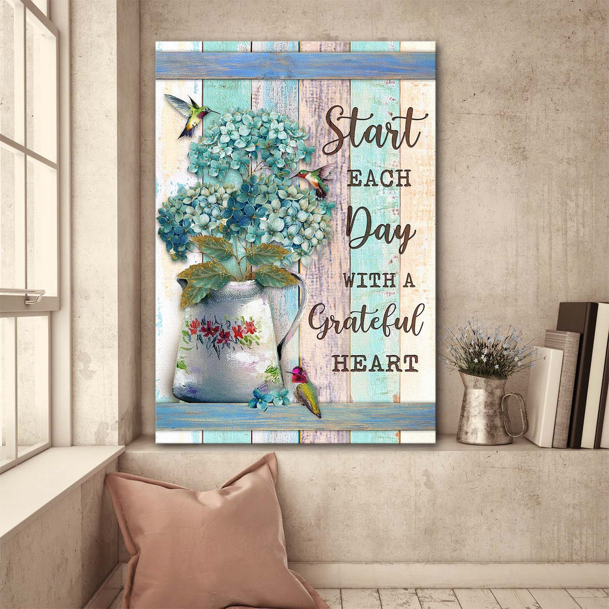 Hummingbird, Blue Hydrangea, Start each day with a grateful heart - Jesus Portrait Canvas Prints, Wall Art