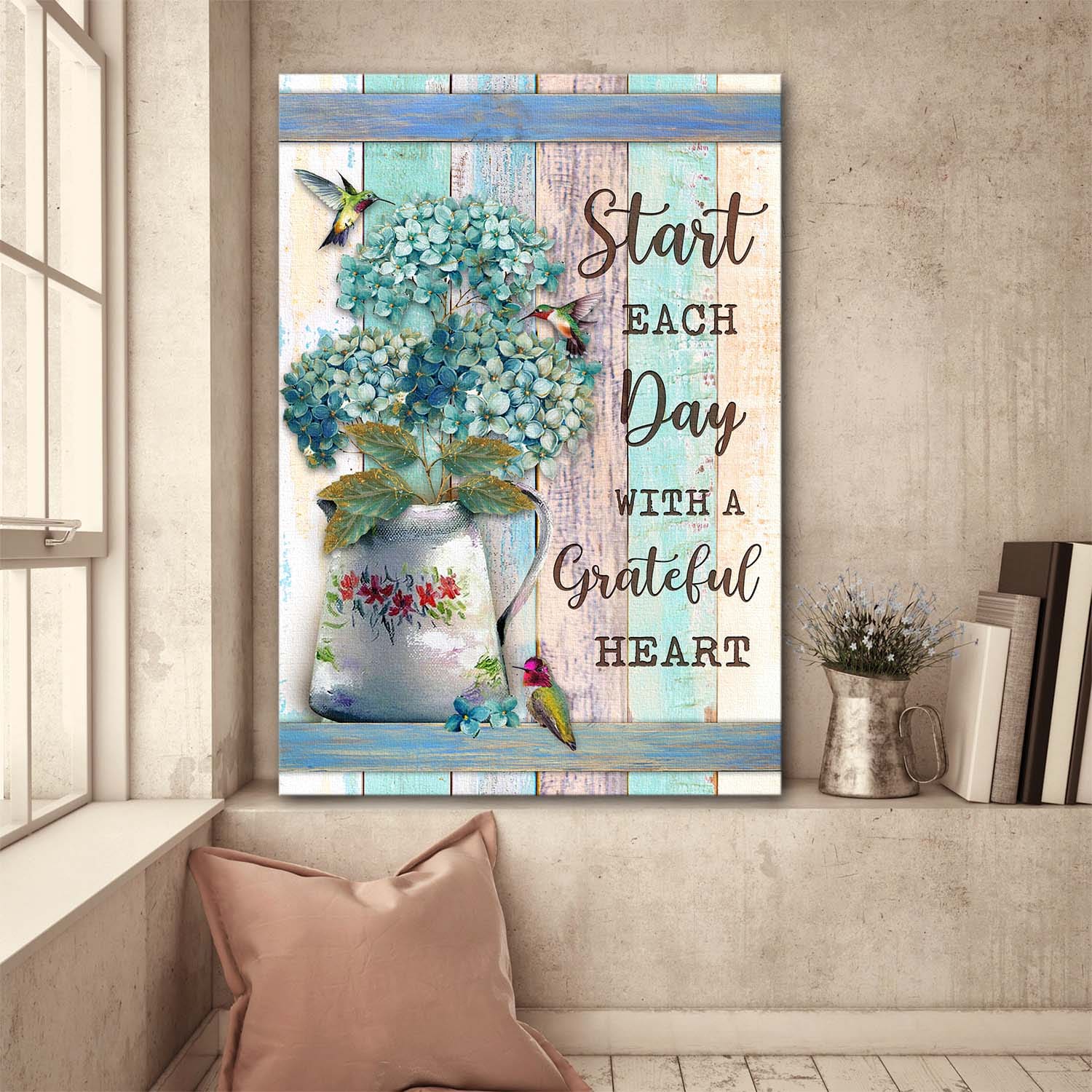 Hummingbird, Blue Hydrangea, Start each day with a grateful heart - Jesus Portrait Canvas Prints, Wall Art