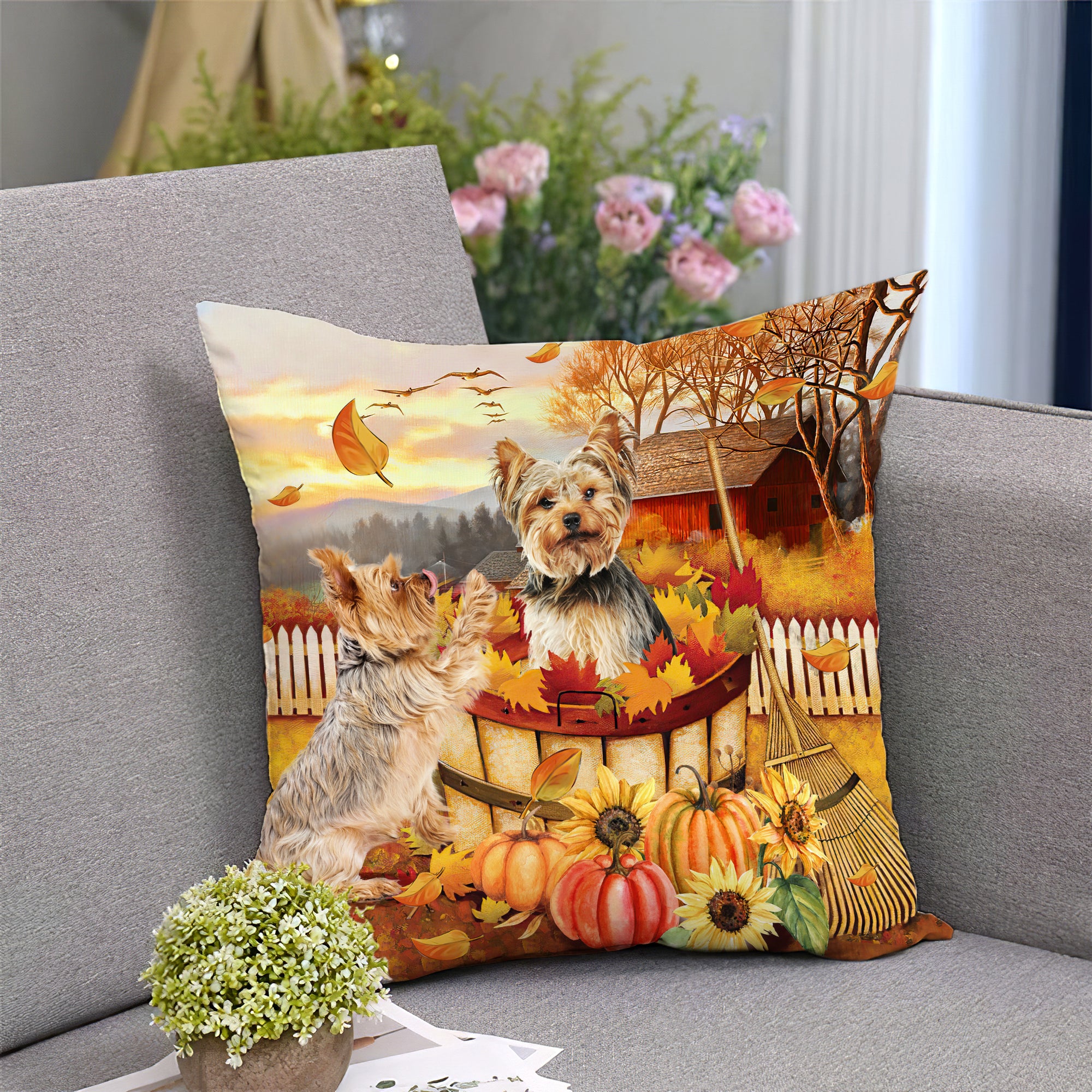 Yorkshire Terrier - Playing with maple leave - Dog AOP Pillow